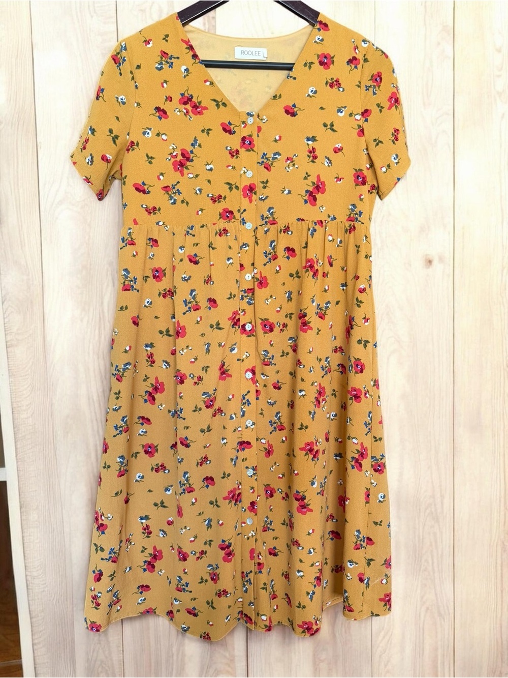 Roolee Mustard Floral Midi Dress with Red & Green Accents